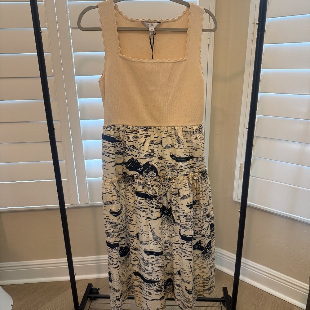 NWT—-LK Bennett Crosby dress US Sz 8, Cream and Blue print